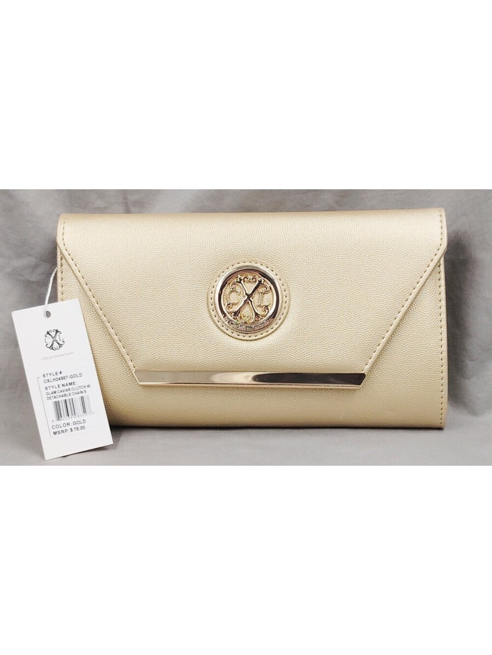 CXL Christian Lacroix Glam Caviar Gold Clutch Detachable Chain NWT CXLH24987
